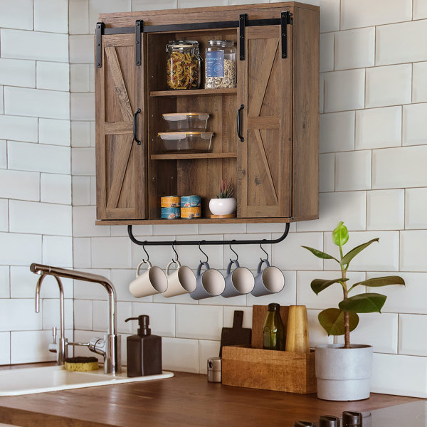 Gracie Oaks Rustic Wood Wall Storage With Two Sliding Barn Door